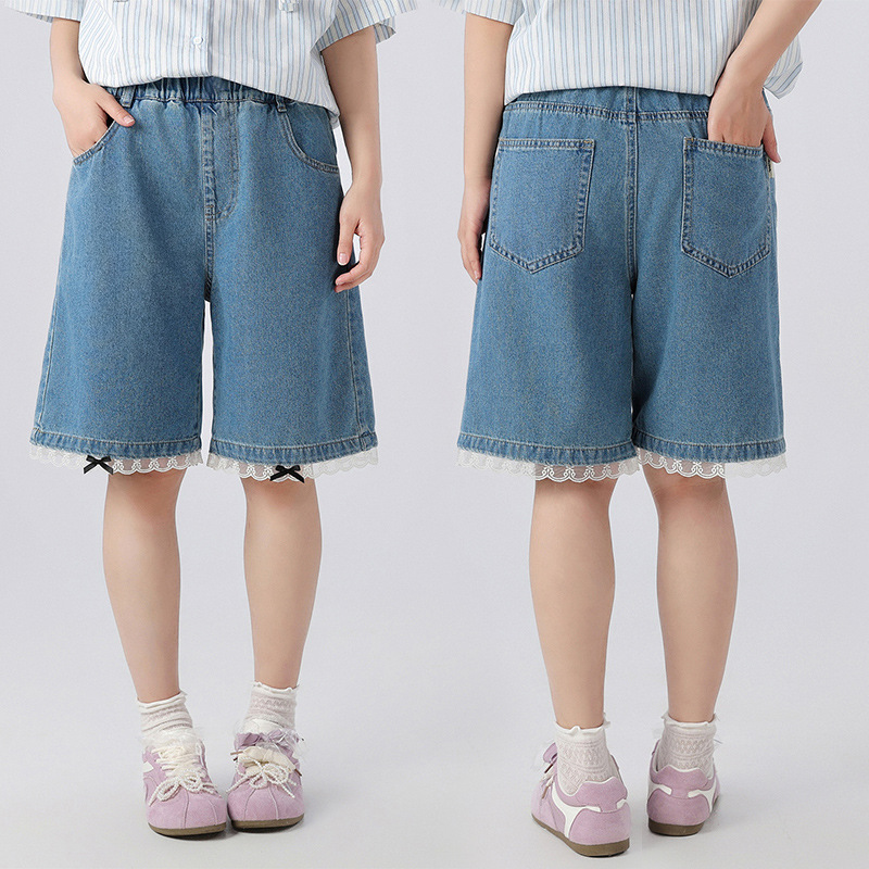 初中女童夏季牛仔短裤薄款中大童大码宽松拼接蕾丝五分裤中裤学生