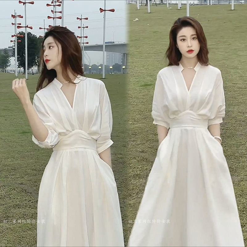 2022 autumn summer high-end sense suit shirt dress French temperament waist long skirt Korean cross-border