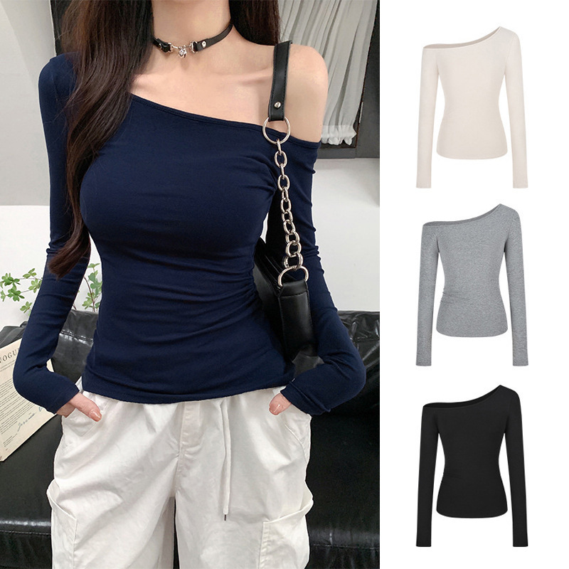 Craftsman's Cross-Border Asymmetrical Neckline Waist Ruched Long Sleeve T-Shirt for Women 2025 Early Autumn New Style Hot Girl Slim Fit Pure Desire Top Craftsman's Cross-Border Asymmetrical Neckline Waist Ruched Long Sleeve T-Shirt for Women 2025 Early Autumn New Style Hot Girl Slim Fit Pure Desire Top