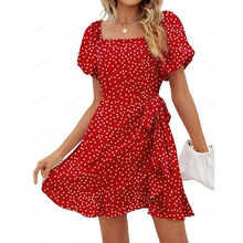 I 48696 Square Neck Solid Color Puff Sleeve Dress ���촿ɫ��