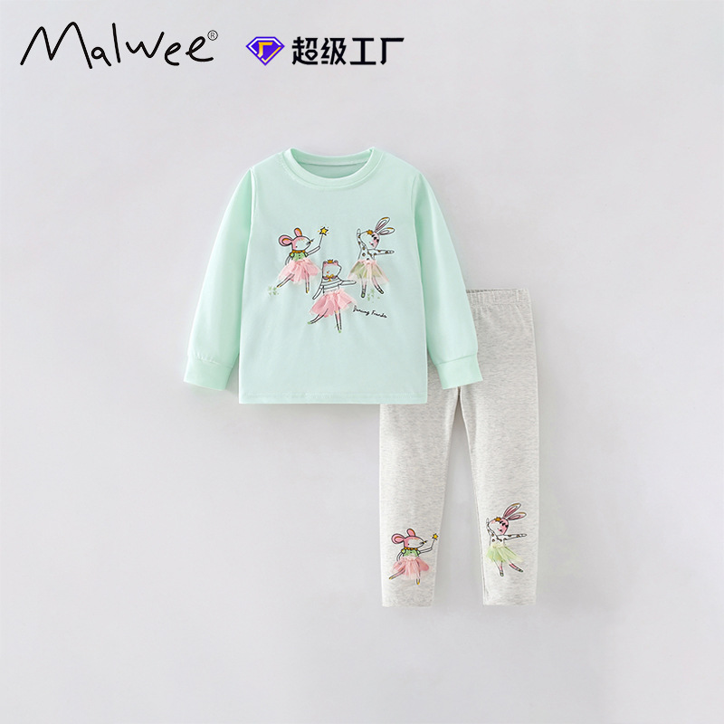 Traje de niña malwee transfronterizo otoño e invierno nuevo estilo europeo y americano niños pequeños y medianos cuello redondo manga larga cintura elástica pantalones de dos piezas