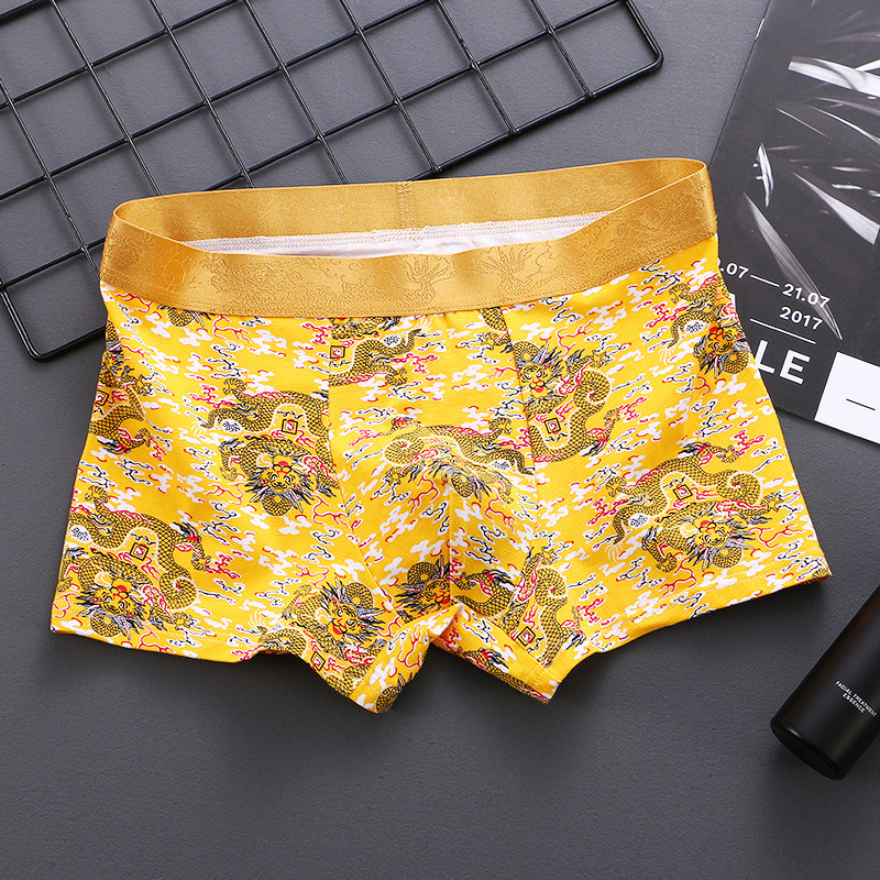 Men's underwear summer men's personality golden dragon printed pattern boxer pants cotton breathable trend four corner pants wholesale