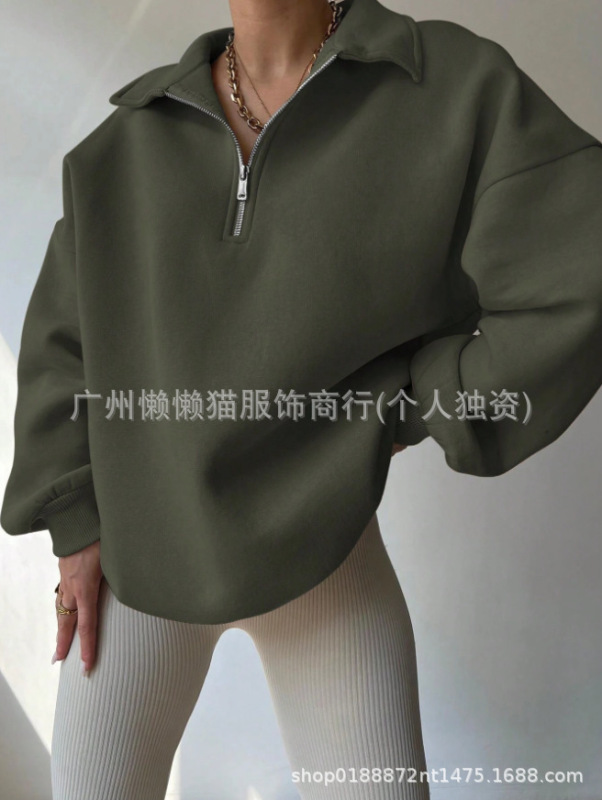2025新款亚马逊春秋新款女式纯色宽松半拉链开襟长袖简约休闲卫衣|undefined