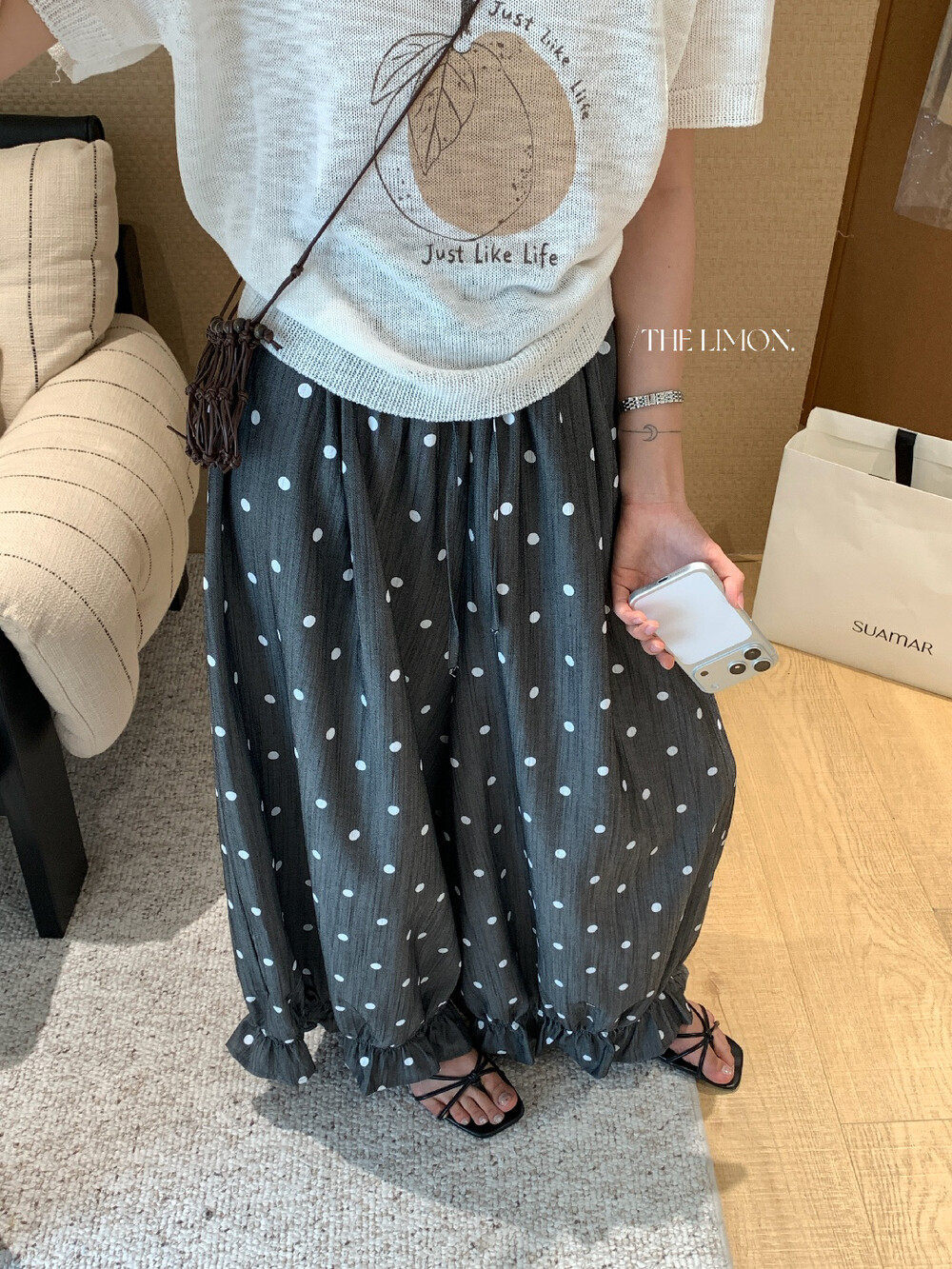 Quần culottes nữ ống rộng chấm bi phong cách vintage, cạp chun, dáng suông rộng thoải mái — màu đen, Màu bí ngô, màu trắng, màu xám chi tiết 22