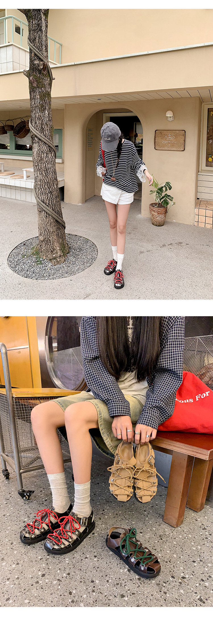 Sandal nữ đế dày dệt quai chéo phong cách La Mã, mũi bít khóa thắt lưng — màu nâu chi tiết 12
