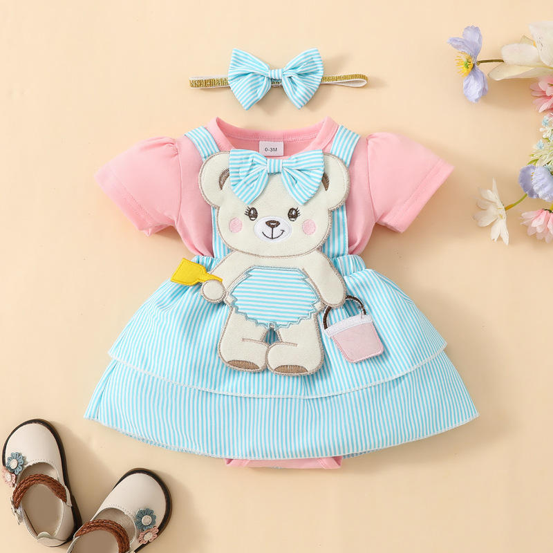 Baby cute bear embroidered fake suspender skirt short sleeve triangle romper skirt newborn bow romper double layer skirt Baby cute bear embroidered fake suspender skirt short sleeve triangle romper skirt newborn bow romper double layer skirt