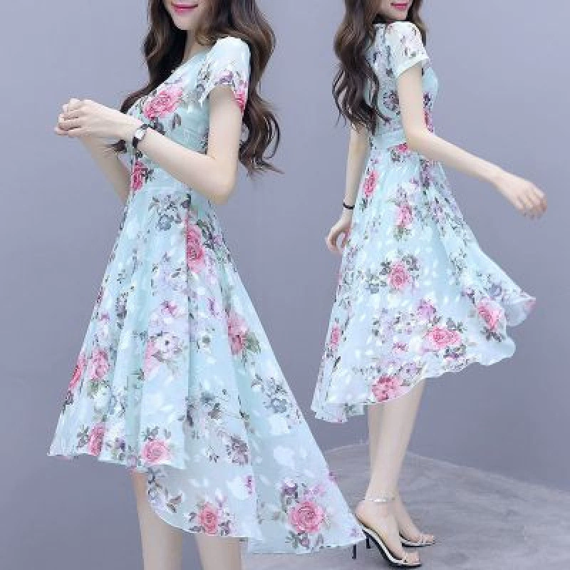 Готовое предложение нового женского летнего платья в стиле «фея леса» нестандартной формы, облегающего кроя с принтом из ледяного шелка