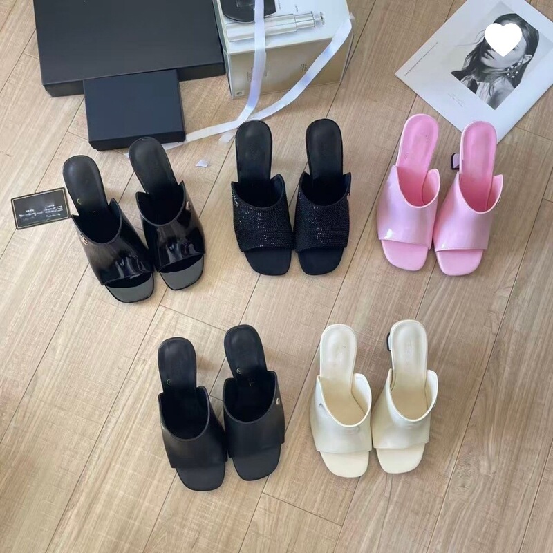 Chanel-Style Peep-Toe Slippers for Women with Thin Heels, 2026 Spring New Model, Patent Leather, Genuine Leather, Open-Toe, Backless High Heels, in Stock