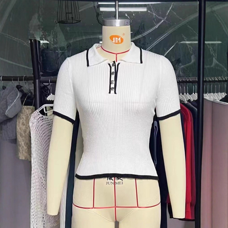 Cross-Border Short-Sleeved Lapel Tops 2025 Summer New Style Threaded Tight Contrasting Color European and American Style Fashionable Knitwears for Women
