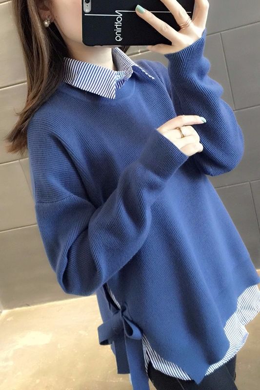 Two-Piece Striped Shirt + Lace-Up Sweater Spring New Loose Large Size Bottoming Sweater Suit for Women