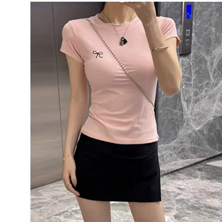 ins纯欲刺绣夏季修身短袖t恤女韩版蝴蝶结圆领撞色打底上衣女批发