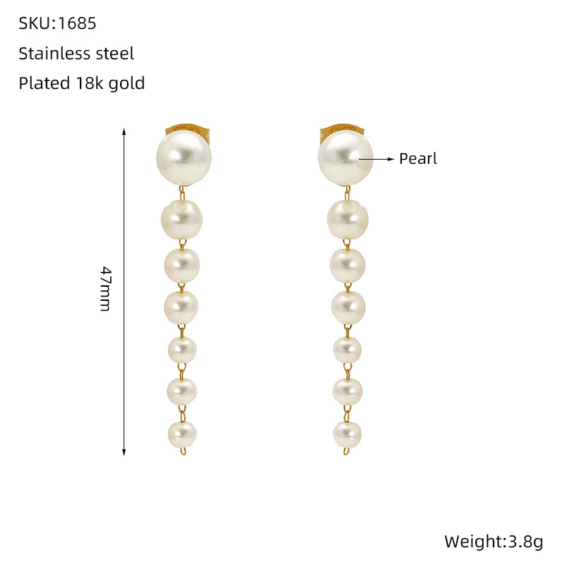 Pendientes largos de todo fósforo degradados de tamaño simple europeo y americano pendientes de borla de perlas pendientes de acero inoxidable de 18 quilates mujeres