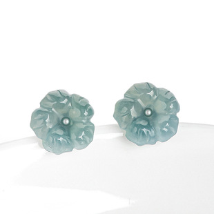 Original natural A goods jade blue water peach blossom earrings ice jade stone petals S925 silver inlaid antique women's earrings