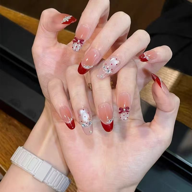 Uñas postizas hechas a mano estilo puro deseo, estilo ojo de gato francés largo, arte de uñas de Año Nuevo, piezas de uñas desmontables terminadas al por mayor. image 59