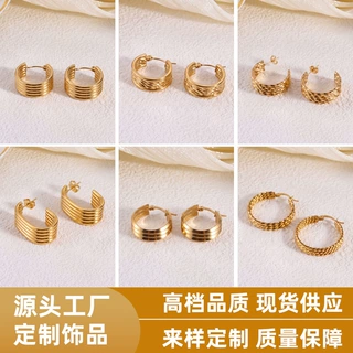 跨境爆款条纹C型不锈钢耳环女复古小众耳圈轻奢通勤百搭耳饰合集