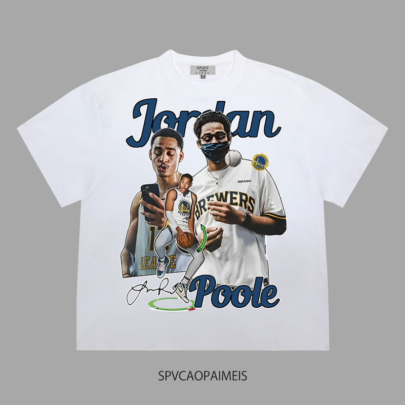 Golden State Warrior Pull Print American Retro Basketball Heavy Weight Cotton High Street Short-sleeved T-shirt Men's Sports ins