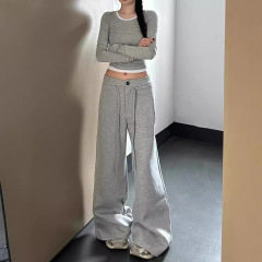 グレーのハイウエストのワイドレギンスの女性の春と秋の新型の垂直感のカジュアルなズボンはゆったりとしています。