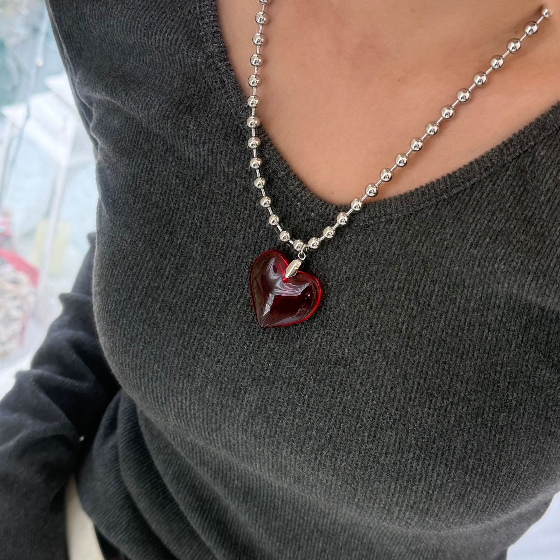 Sweet Cool Style Heart Shape Crystal Leather Rope Titanium Steel Ball Chain Cord String Pendant Necklaces Wholesale display picture 8