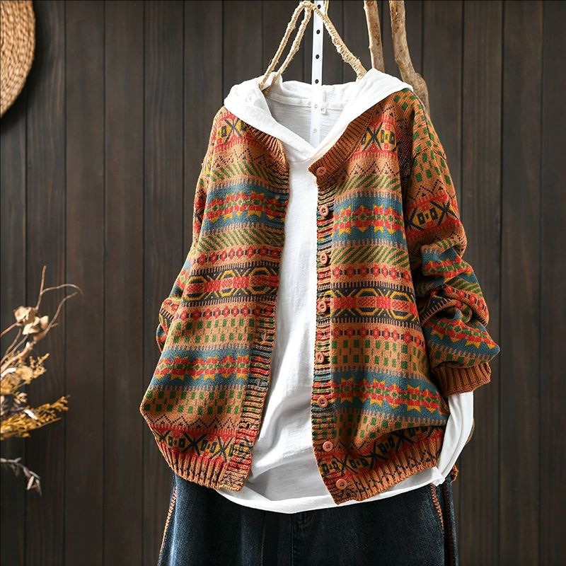 2025 New Autum Style Lazy Retro Single-Breasted Printed Top Women's Jacket 25125