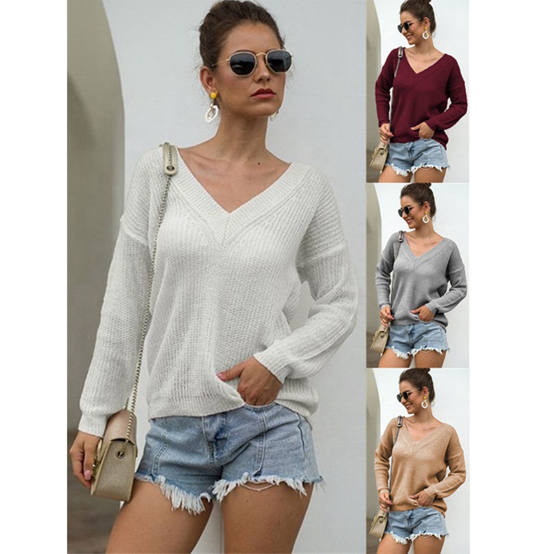 2023 Amazon color sólido con cuello en V de las mujeres prendas de punto suéter suelto de punto de las mujeres de otoño e invierno prendas de punto