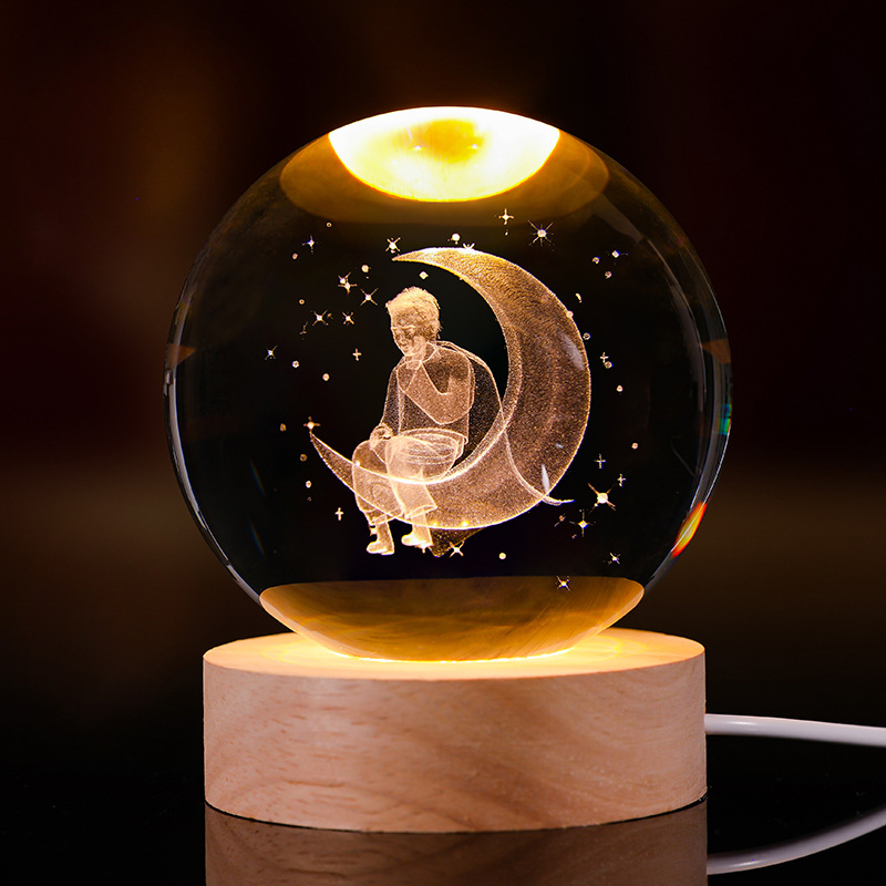Bola de cristal luminosa lámpara de noche 3D esculpida estrella base de madera sólida regalo de cumpleaños decoración de escritorio creativa