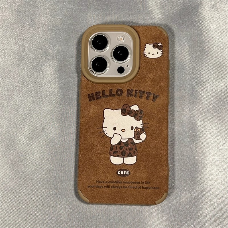 Leopard Print Photo Kt Cat Ladder Lambskin Suitable for Apple 17Promax/15/14/13/12 Mobile Phone Case Cute