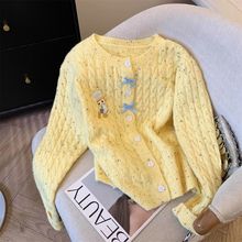 韩系黄色针织开衫外套女春秋季短款爱心刺绣内搭麻花毛衣长袖上衣