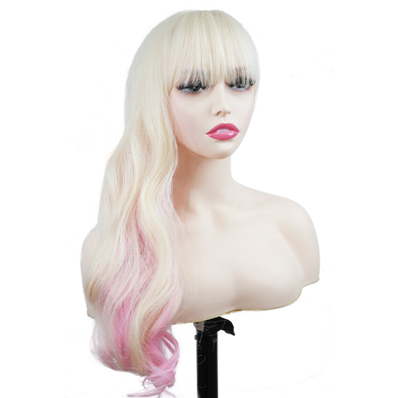 Synthetische Perücke, Chemiefaser-Perücke, komplettes Set mit geteiltem Pony und großen, gewellten, langen, lockigen Party-Perücken_voghion.com