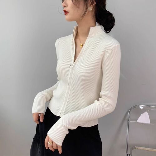 Short zipper stand-neck retro French casual lazy sweater coat Small figure slim-fitting knitted cardigan