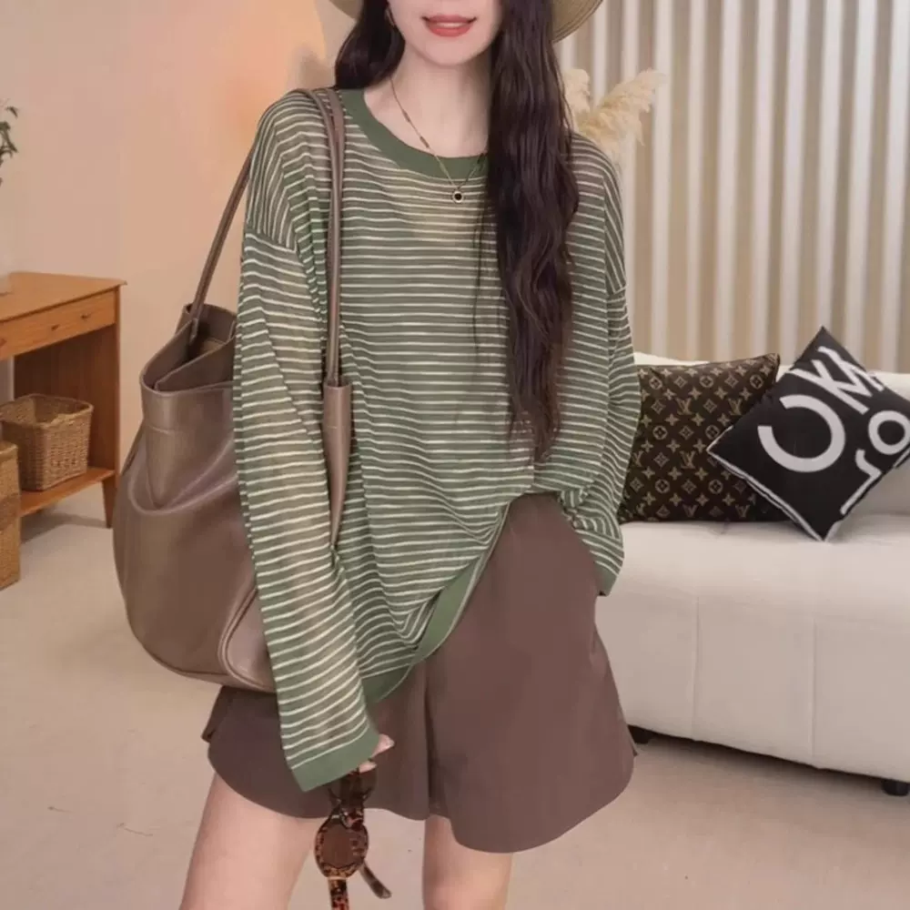 慵懒松弛感绿色条纹长袖t恤女夏季宽松薄款防晒罩衫外搭上衣春秋