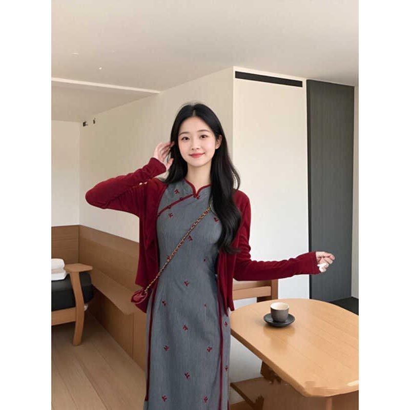 2025 New Chinese Style Cheongsam Jacquard Short Sleeve Dress Women's National Style Long Skirt Gray Waist Covered Hip Skirt