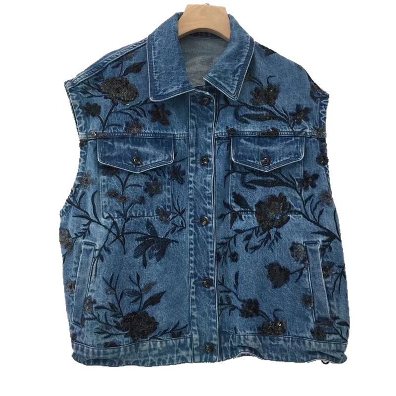 2026 primavera chaleco denim nuevo suelto delgado retro hacer vieja chaqueta bordada de sequillas chaqueta superior