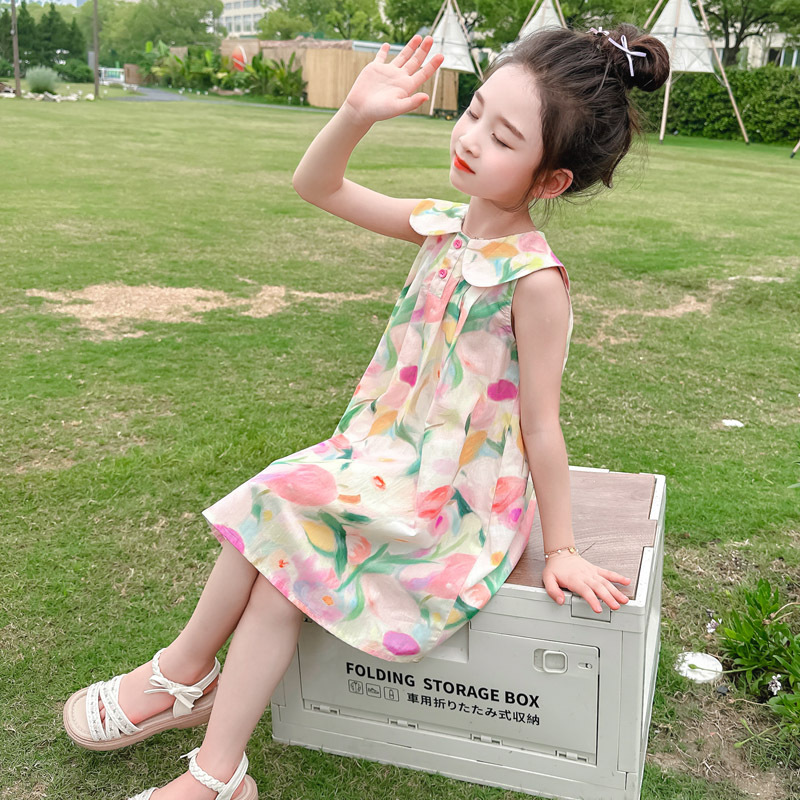 Girls Doll Collar Dress Summer 2025 New Style Kidsren's Summer Dress Baby Girl Cotton Vest Dress
