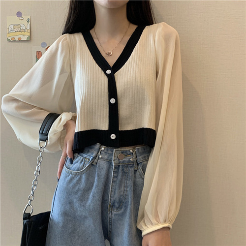 Spring and summer new Korean style loose V-neck mesh splicing long-sleeved sweater women's thin cardigan top outer