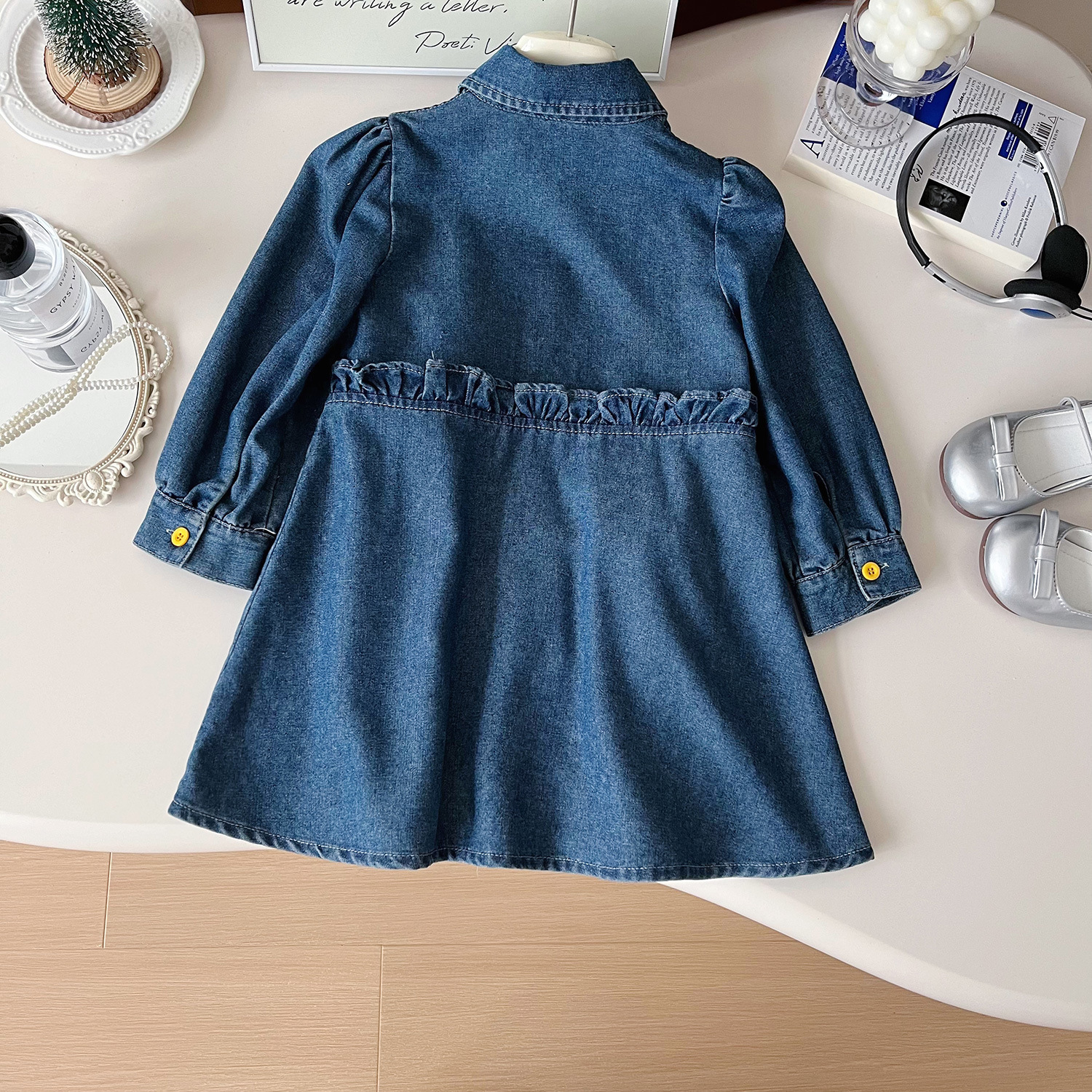 2024 autumn new Korean version girls' sunflower denim long sleeved dress, cute baby girl dress 67378_voghion.com