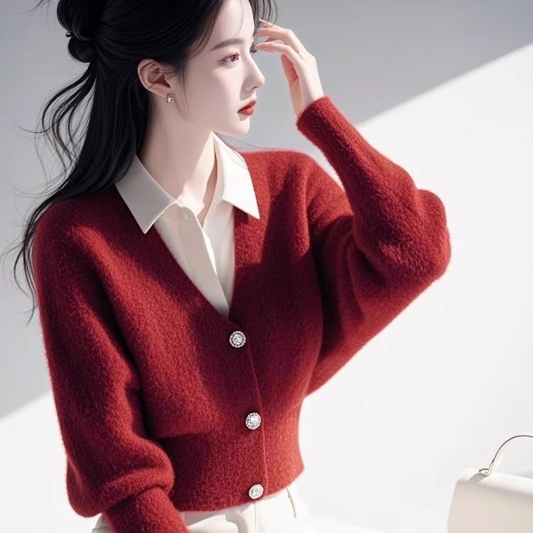 Angola Red Shirt Collar Fake Two-Piece Sweater Jacket for Women Spring & Fall Loose Elegant Versatile Knitted Cardigan Top
