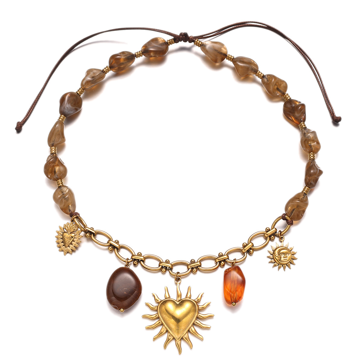 Collar de acero inoxidable de lujo ligero y amoroso, collar de colgante de sol, acrílico, cuerda tejida, cadena clavícula para mujeres