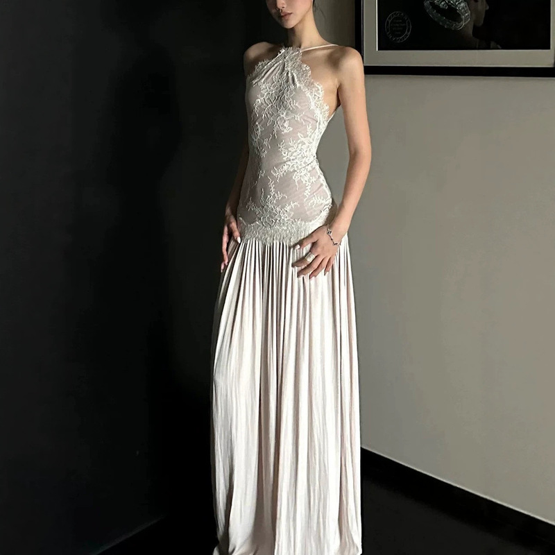 Rovente Lace Splicing Suspender Dress Women's Summer Elegant Lady High-End Waist Backless Sleeveless Long Dress Rovente Lace Splicing Suspender Dress Women's Summer Elegant Lady High-End Waist Backless Sleeveless Long Dress