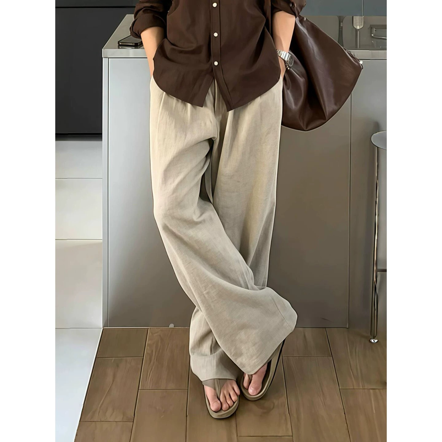 Apricot linen trousers for men, summer lightweight and breathable, vintage style wide-leg trousers, Korean style relaxed and casual drape.