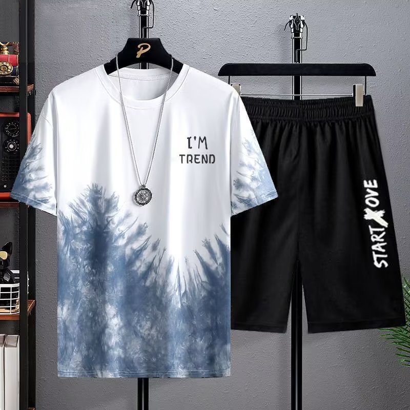 Traje de camiseta de manga corta de seda de hielo para hombres más tamaño adolescentes 2023 nuevo conjunto de verano de ropa casual a juego guapo T