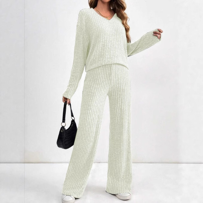 欧美跨境外贸女装2025秋季新款V领坑条针织休闲直筒裤2件套装