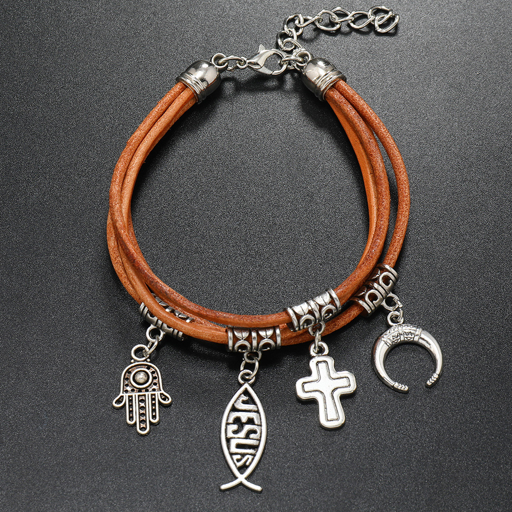 Retro Cross Leaf Notes Pu Leather Alloy Plating Unisex Bracelets display picture 17