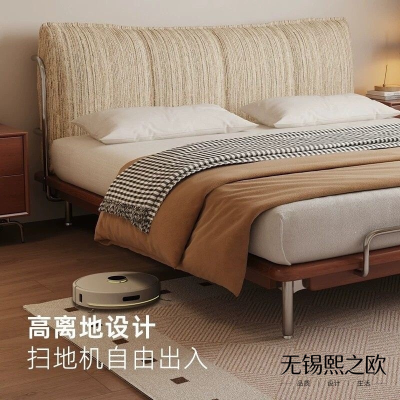 Light luxury French mid-century style solid wood bed for small master bedrooms, vintage double bed with removable and washable fabric upholstery and two pillows Light luxury French mid-century style solid wood bed for small master bedrooms, vintage double bed with removable and washable fabric upholstery and two pillows