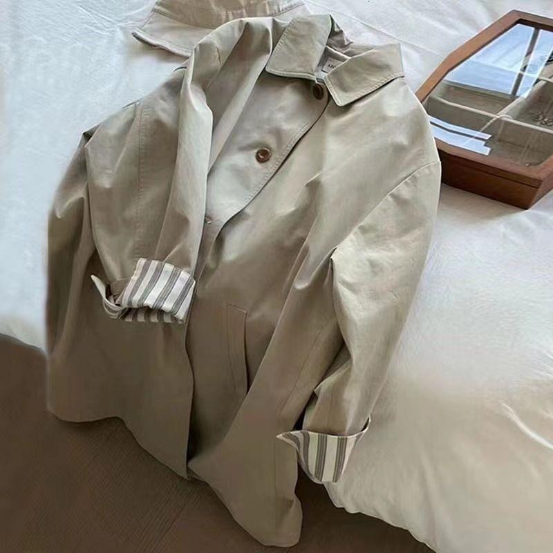 Windbreaker Jacket for Women 2025 Autumn New Style Splicing Japanese Workwear Simple Petite Mid-Length Coat