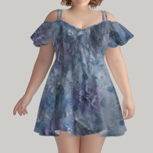 夏季小众设计感露肩短款连衣裙外贸时尚大码女吊带连衣裙印花图案