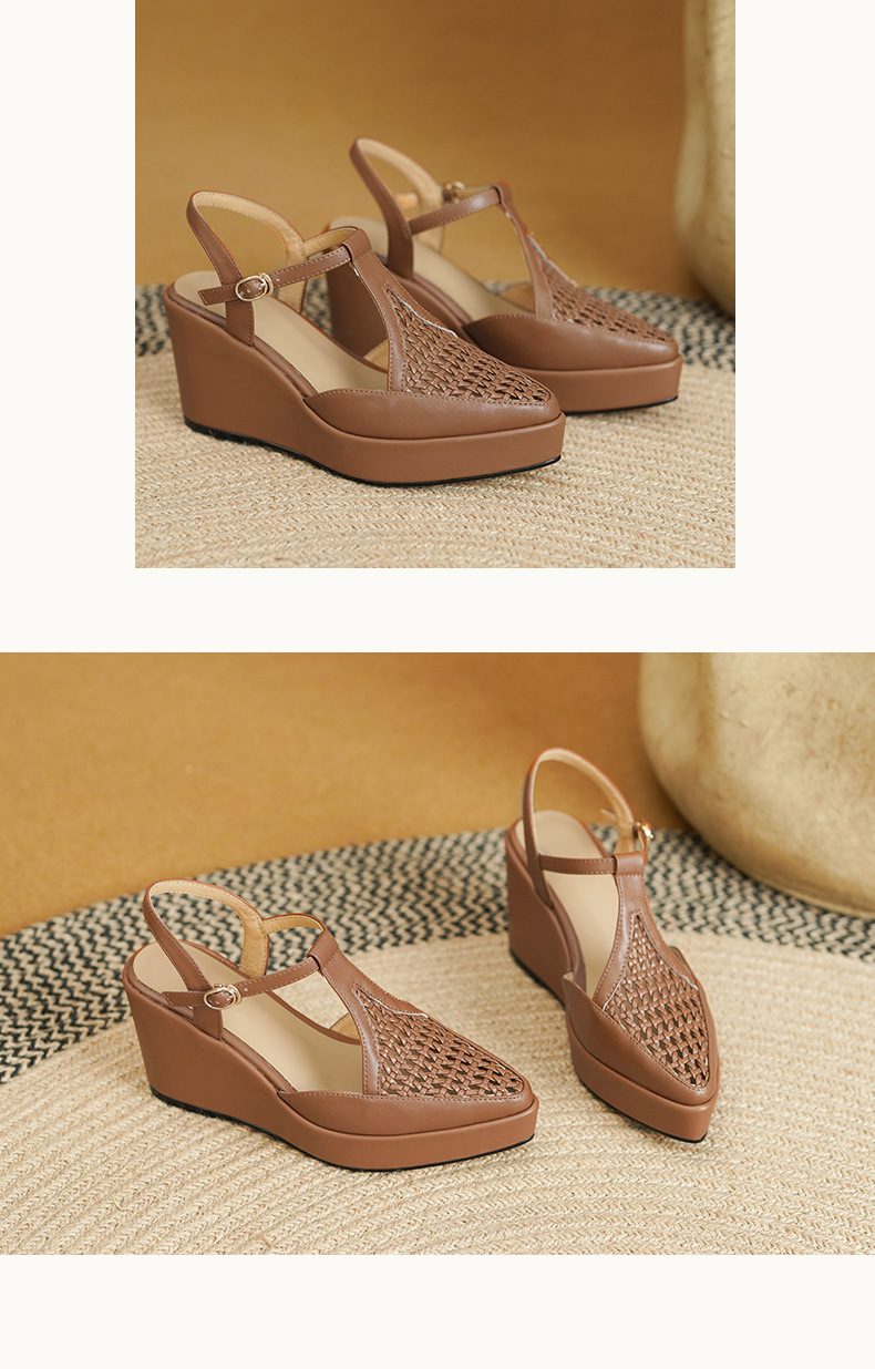 Sandal nữ bít mũi đế xuồng cao gót da thật dệt đan phong cách La Mã — Màu nâu, Màu trắng be chi tiết 6