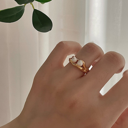 Korean style niche design double-layer pod freshwater pearl open ring women's fashionable simple temperament versatile index finger ring