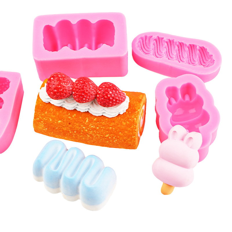 Helado de conejo de crema de rollo suizo 3 piezas de crema de fresa molde de silicona en forma de tira decorativa molde de pellizco de bricolaje