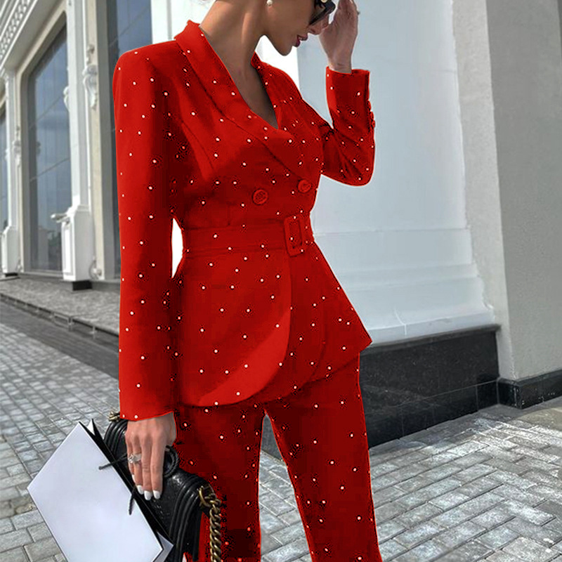 Conjunto blazer y pantalón para mujer, estampado de lunares