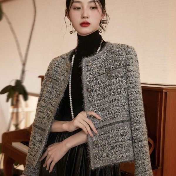高级感粗花呢重工编织小香风外套2025新款女春秋加棉加厚短款上衣|undefined